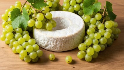 Cheese lover day food Round wheel of brie cheese surrounded by fresh green grapes on a rustic wooden table | Cheese, lover, day, food, festival.