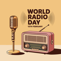 Celebrating world radio day on 13th february with vintage radio and microphone
