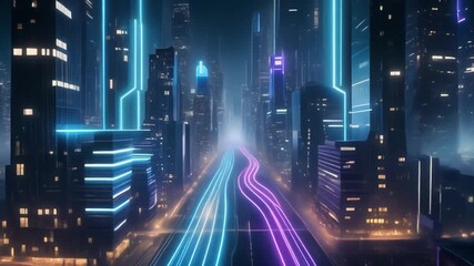 Futuristic cityscape at night with glowing neon lights and vibrant blue and purple light trails on a central road, depicting a high-tech urban environment. - Powered by Adobe