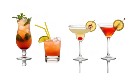 Assortment of colorful cocktails with garnishes and straws