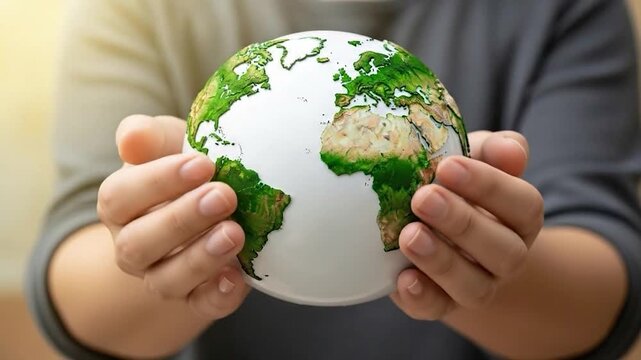 Hands Holding Miniature Earth Globe Showcasing Global Awareness and Education Concept