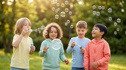 Children blowing bubbles and smiling in a sunny park outdoors  