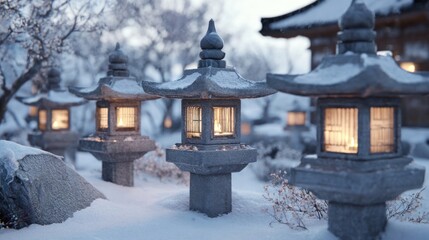 A peaceful, snow-covered Japanese garden with traditional stone lanterns decorated subtly with small, white electric candles,