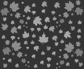 Abstract autumn seamless pattern with maples leaves in shades of light grey on a black background