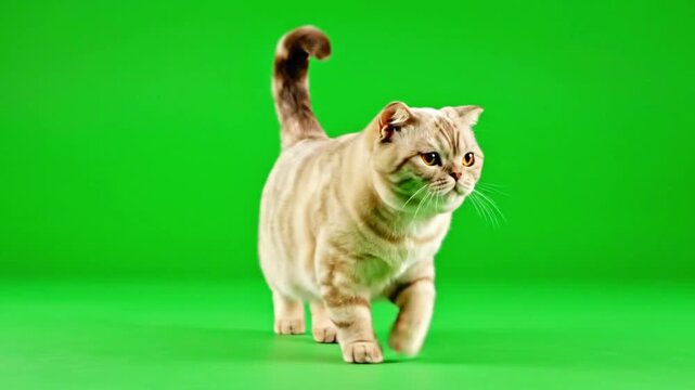 A charming tabby cat with striking patterns confidently walks directly towards the camera on a vibrant green screen background, chroma key