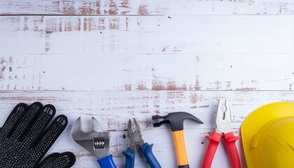Variety of essential tools and safety gear on rustic wooden background