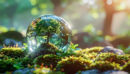 Glass globe with lush tree inside on mossy forest floor with sunlight
