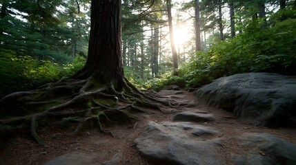 A serene forest path meanders through exposed gnarled tree roots and ancient mossy rocks with golden morning sunlight filtering through the lush