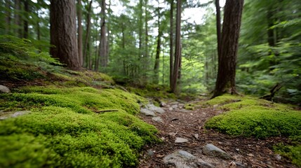 Obraz premium A tranquil forest trail meanders through a lush woodland its path carpeted in vibrant green moss and surrounded by tall trees