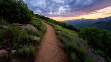 Obraz premium A winding dirt trail leads up a green mountainside towards a colorful sunset sky with distant peaks