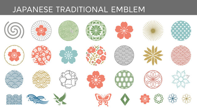 Japanese traditional emblem collection, floral geometric symbols, sakura patterns, kamon inspired icons, colorful flat design, cultural vector set