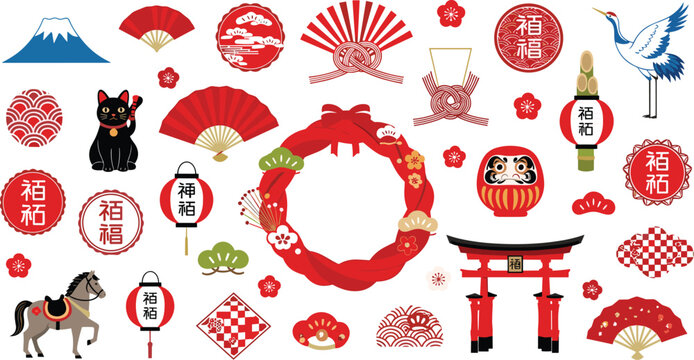 Japanese New Year cultural icons set with Mount Fuji, lucky cat, Daruma, crane, torii gate, plum blossoms - flat vector illustration