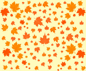 Fototapeta premium Abstract autumn seamless pattern with maple leaves in shades of orange on a pale yellow background