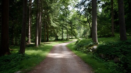 Fototapeta premium A winding dirt path leads through a lush green forest bathed in d d sunlight offering a serene escape into nature