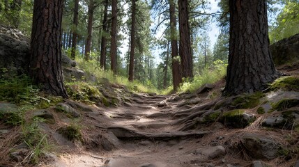 Obraz premium A sun d d forest trail winds upwards its path marked by exposed tree roots and rocks