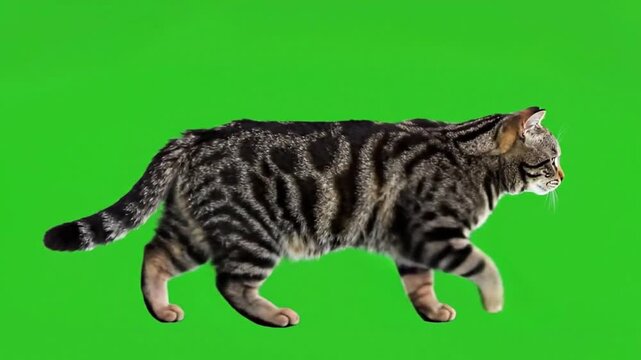 A charming tabby cat with striking patterns confidently walks directly towards the camera on a vibrant green screen background, chroma key