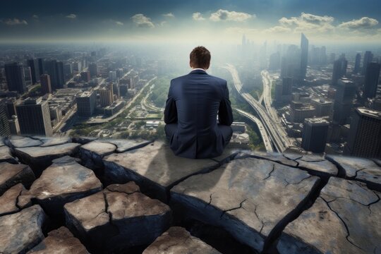 Businessman sitting on a cracking cliff edge, looking at a city skyline below