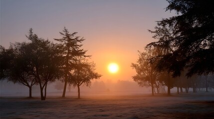 A peaceful dawn with a soft sun breaking through fog silhouetting trees across a frosty landscape