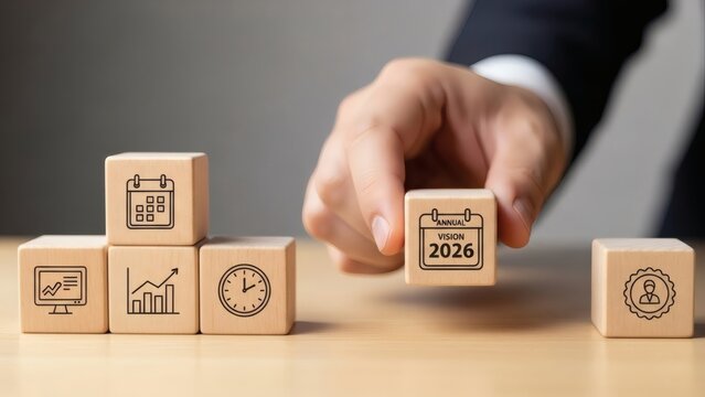 Annual Business Planning 2026 Vision. Hand placing calendar block with strategy icons, symbolizing long term vision strategic alignment and future focused corporate planning.
