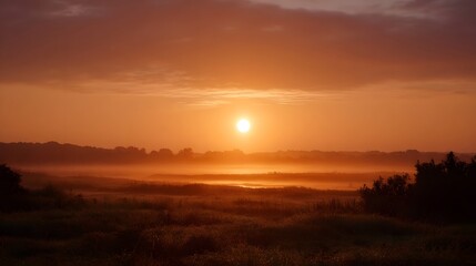 Fototapeta premium A serene and misty sunrise paints the sky with warm golden hues over a peaceful rural landscape
