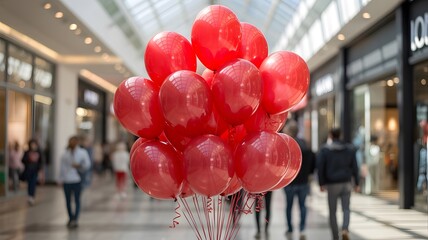 Bouquet of red balloons in shopping mall