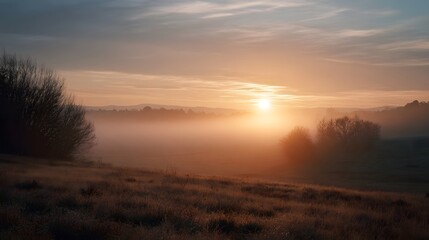 Obraz premium A serene foggy sunrise bathes a tranquil rural landscape in warm golden light with mist rising from the fields