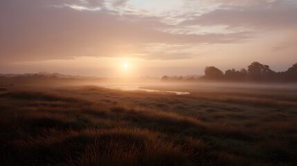 Obraz premium Misty sunrise over a tranquil meadow with golden light and rolling fog