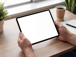 Hands Holding Tablet with Blank Screen on Modern Desk