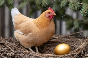 Chicken laying golden egg in nest representing wealth