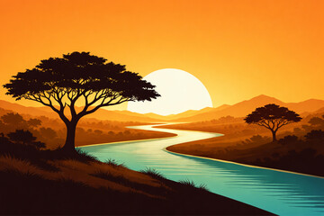Serene African savanna landscape at sunset with a winding river and silhouetted trees under a warm, orange sky