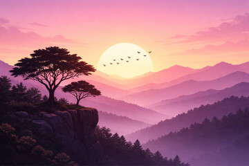 Serene sunset over a majestic mountain range with silhouettes of trees and birds flying across the vibrant sky