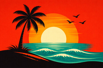 Vibrant Sunset Over Tropical Ocean with Palm Tree and Birds Silhouetted Against a Fiery Red Sky