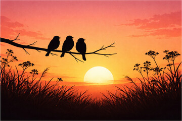 Three Silhouetted Birds Perched on a Branch Against a Vivid Sunset Sky with Tall Grass in the Foreground, a Serene Natural Scene