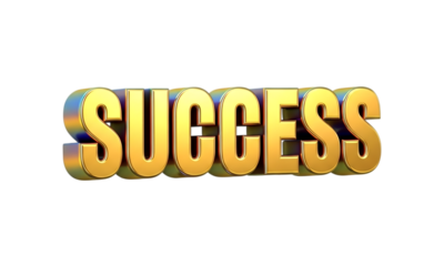 3D rendering of the word 'SUCCESS' in golden letters on a transparent background, perfect for motivational and business contexts.