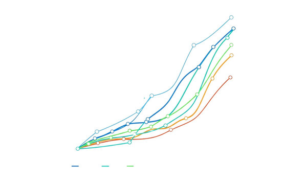 Modern abstract line graph with multi-colored paths on a  transparent background, suitable for data visualization and design projects. - Powered by Adobe