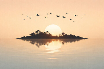 Golden hues paint the sky as a flock of birds soars above a secluded tropical island, perfectly reflected in the calm, shimmering waters during a breathtaking sunset