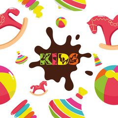 A pattern of childhood toys from your childhood is a bright and dynamic design for your bold works.