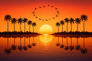 Vibrant tropical sunset with silhouetted palm trees on islands against an orange sky. A bird flock forms a circular pattern over calm, reflective waters