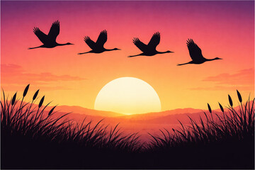 Flock of birds flying in formation at sunset over a serene landscape with tall grass and rolling hills, a beautiful natural scene