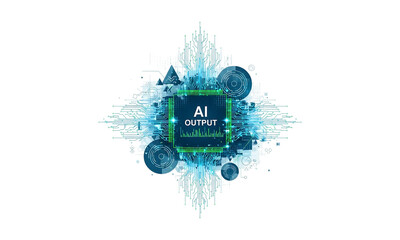 Futuristic AI output concept with digital circuit design elements on a transparent background.