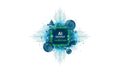Futuristic AI output concept with digital circuit design elements on a transparent background.