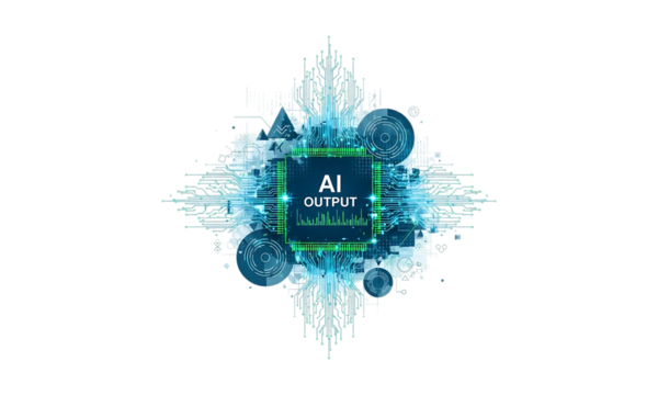 Futuristic AI output concept with digital circuit design elements on a transparent background. - Powered by Adobe