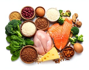 Varied ingredients for a balanced diet on a bright white backdrop