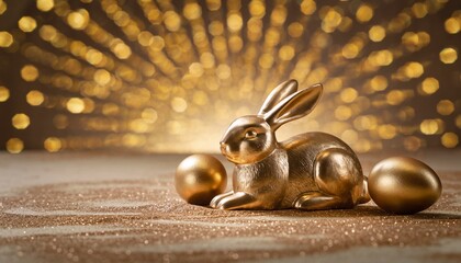 Obraz premium Golden easter metallic bunny and golden easter egg on golden glitter background with yellow bokeh.