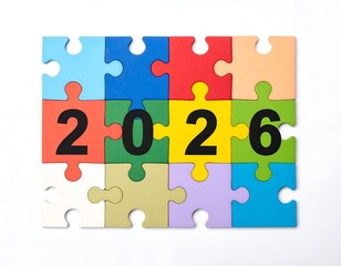 Puzzle of the year 2026, composed of colorful pieces on white background