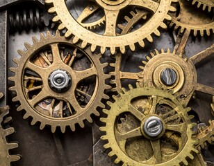 Close-up of intricate, interconnected brass gears in a metallic device
