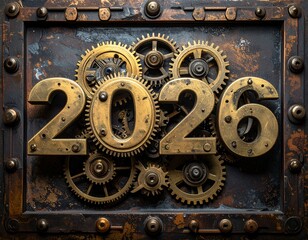 Steampunk new year illustration 2026 numerals over gears and a metal plate