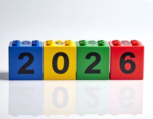 Colorful blocks form the year 2026. Reflected below on a white surface