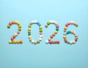 Colorful pills arranged on a blue background to form the year 2026