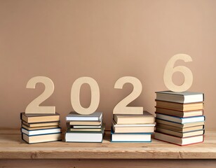 Stacks of books with wooden numbers representing the year 2026